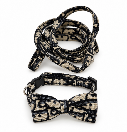 Hondenhalsband & looplijn met strikje – Zwart & Beige